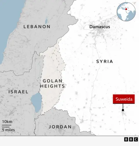 A BBC map showing Suweida and Damascus in Syria, and neighbouring countries Israel, Lebanon and Jordan